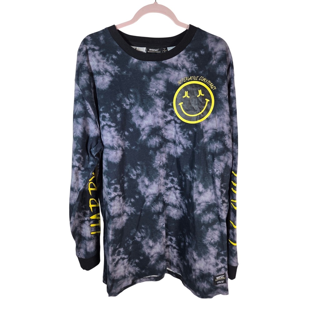 WeSC Mason Happy Long Sleeve T-Shirt Mens L Black Tie Dye Graphic Streetwear